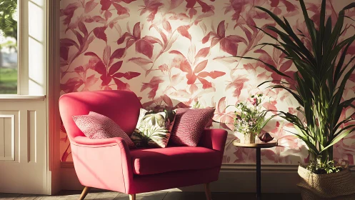 Cozy pink reading nook wrapped in sunlit floral charm.
