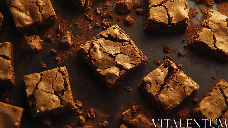 High-contrast macro view captures cracked-topped cocoa brownies on slate