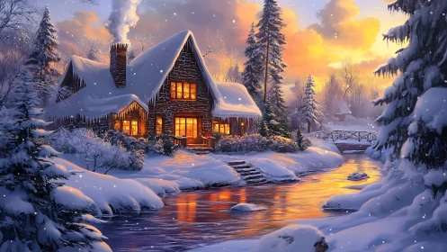 Snowy riverside cabin glows warmly under a tranquil sunset