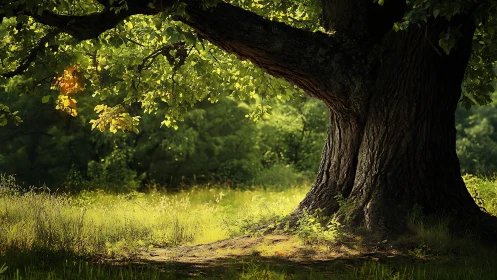 Photorealistic woodland oak study with luminous canopy focus.
