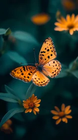 Orange butterfly poised over marigold blooms in teal bokeh field.