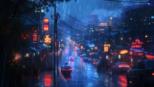 Neon-soaked city street glows under heavy midnight rain.