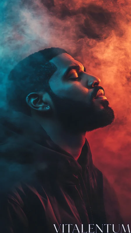 Side profile portrait in contrasting red and blue mist.