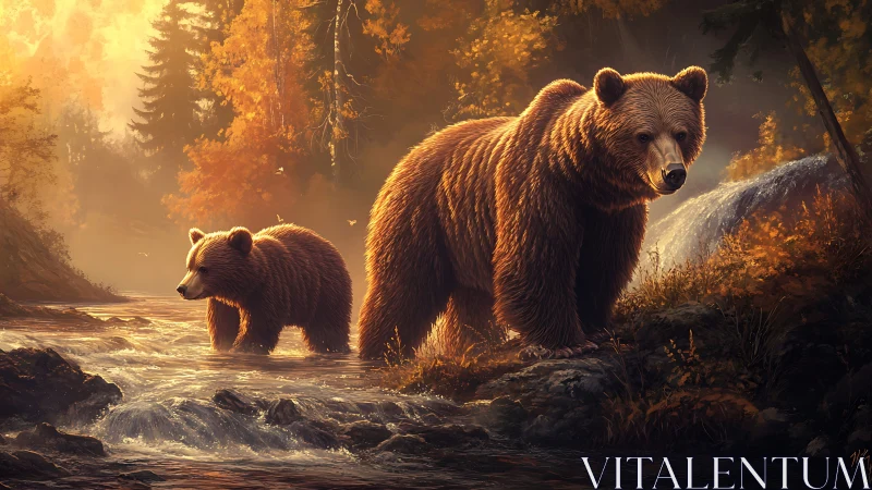 Brown bear pair crossing autumn forest stream at sunrise