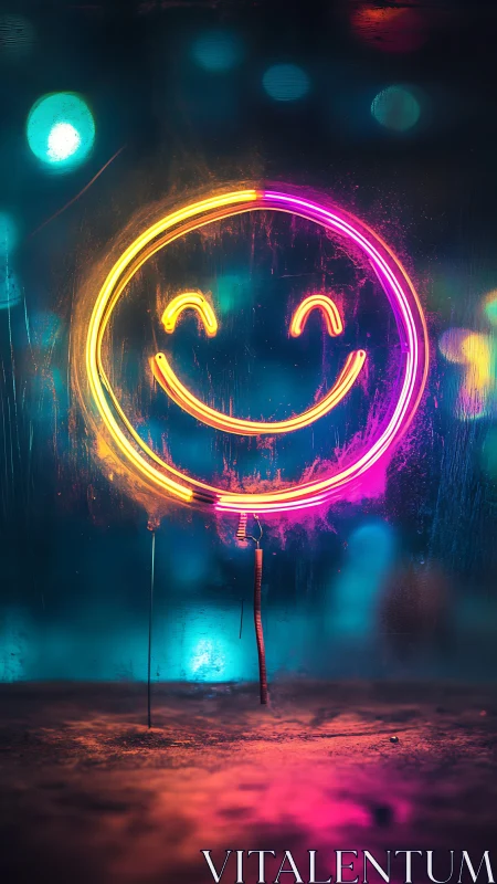 Neon smiley face sign emits vibrant bokeh against wet glass