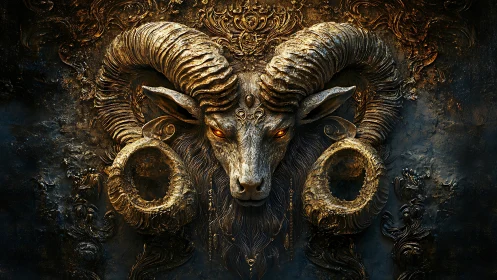 Gilded demonic ram relief glows against a dark ornate wall