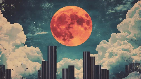 Surreal blood moon rising above stylized city skyline.