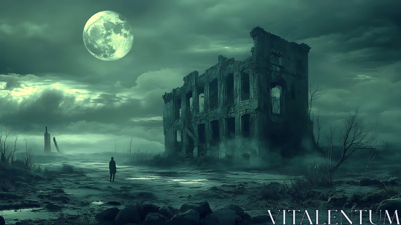 Moonlit ruin over desolate plain in eerie teal mist.