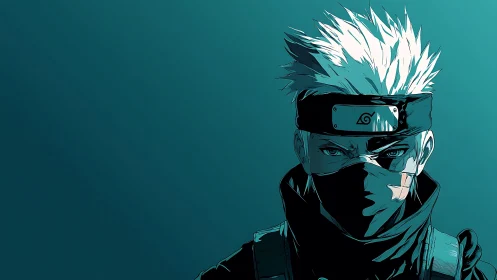 Masked silver-haired ninja portrait on teal background.