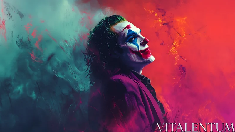 Tormented clown portrait amid teal and crimson smoke clouds.