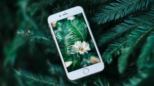 Smartphone screen frames white flower amid saturated fir foliage