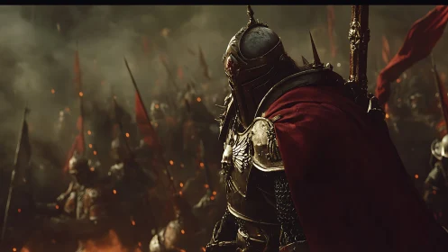 Cinematic armored warlord in crimson cloak, battle tableau.