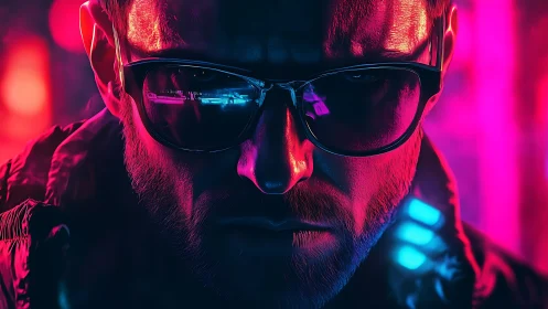 Man in reflective sunglasses lit by neon magenta and cyan