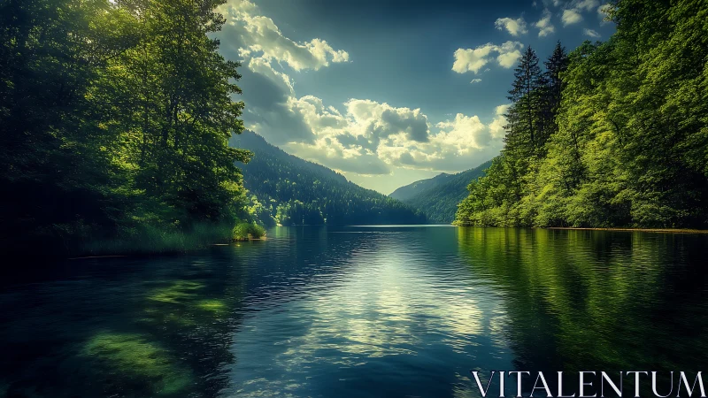 Calm forest lake reflects tree line and distant mountain range