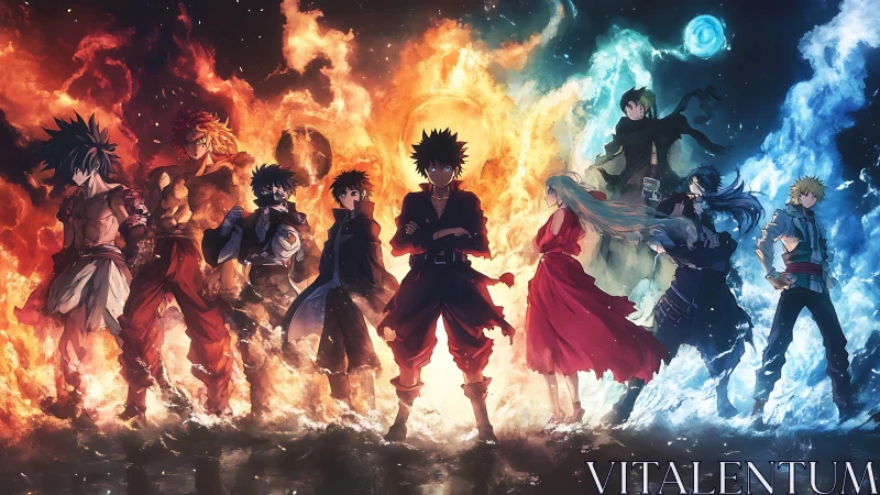 Elemental anime team framed by symmetric fire and ice energy fields