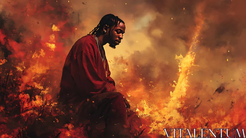 Solitary figure emerges through raging inferno with dramatic chiaroscuro effects.