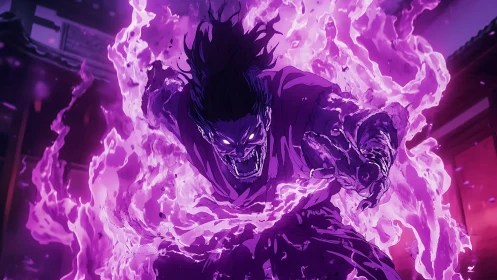 Purple energy shrouded figure advancing in stylized scene.