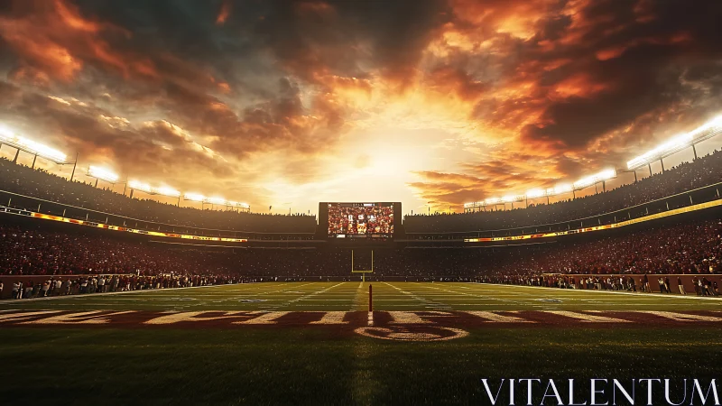 Sunset football stadium with crowd and illuminated field.