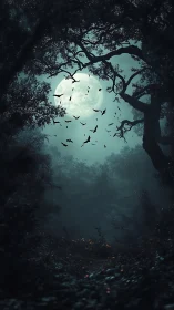 Full moon framed by dense forest canopy and flying bats.