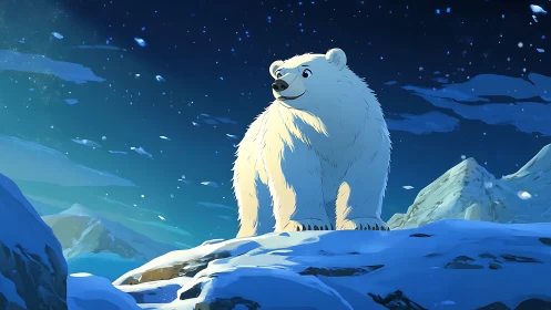Heroic polar bear atop moonlit Arctic ridge at night.