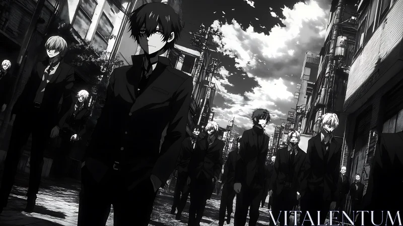 Shadowed suited silhouettes flood a crooked city avenue