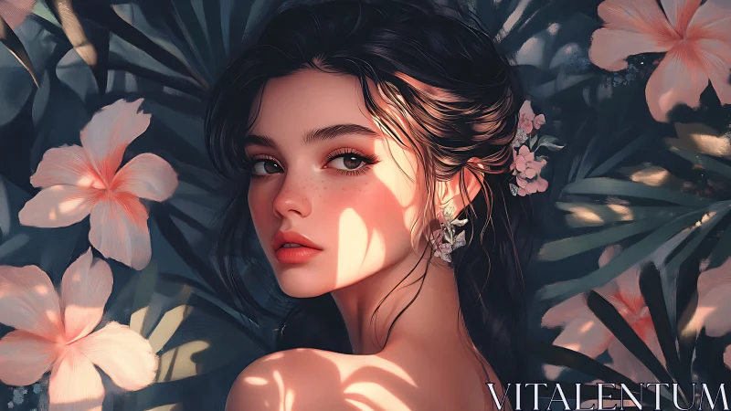 Digital portrait of young woman amid tropical foliage.