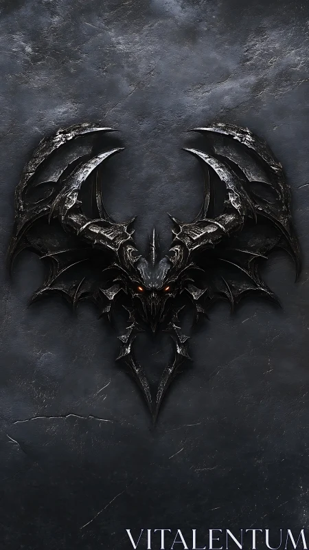 Demonic bat emblem spreads bladed wings over dark stone