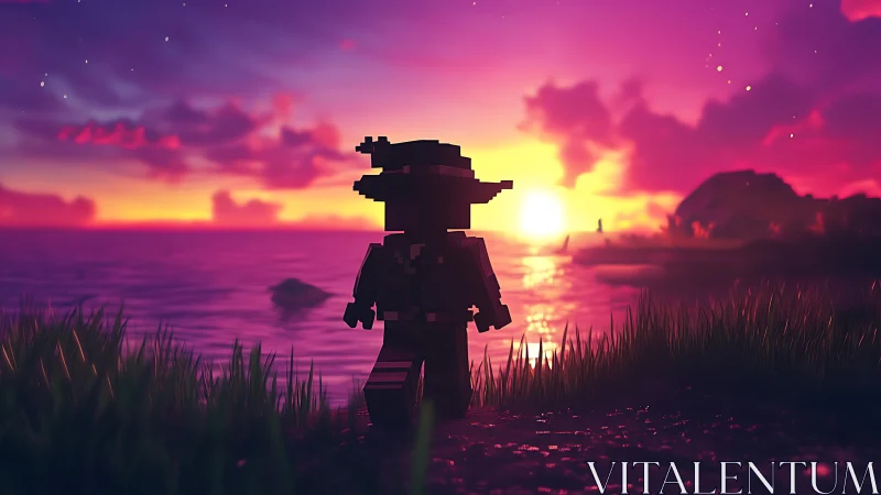 Voxel wanderer at neon coastal sunset in 3D cinematic style.
