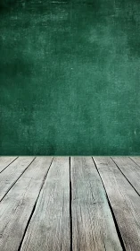 Wooden floor extends toward textured green wall background
