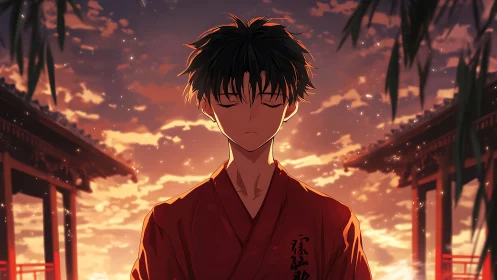 Sunset meditation with tranquil anime martial artist.