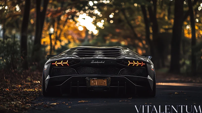 Low-slung supercar glows against a golden autumn forest backdrop.