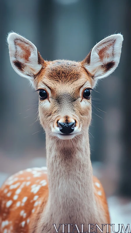 Young spotted deer portrait with soft forest bokeh background.