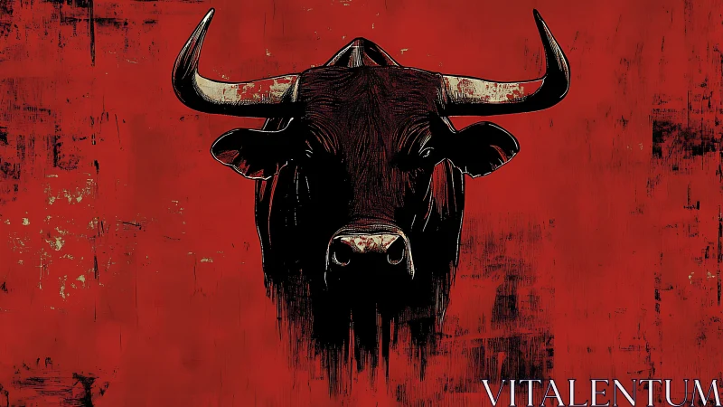 Graphic bull portrait on distressed red abstract ground.