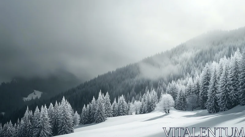 Snow-covered coniferous forest occupies a misty mountain slope