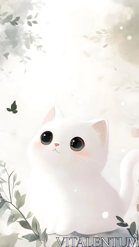 Luminous White Cat with Oversized Eyes: Digital Illustration Study