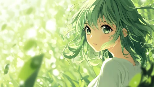 Green-haired anime girl gazes back amid luminous foliage field