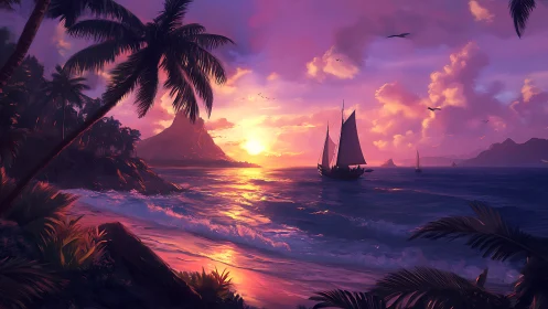 Sunset-lit tropical bay with sailing vessel in digital painting