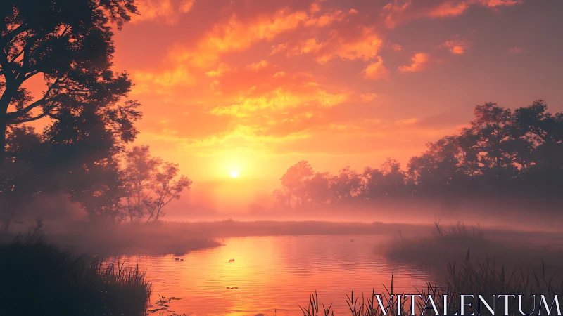 Sunlit mist over calm forest lake at vivid sunrise.