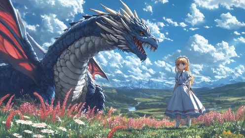 Anime pastoral dragon tableau with dynamic character contrast.