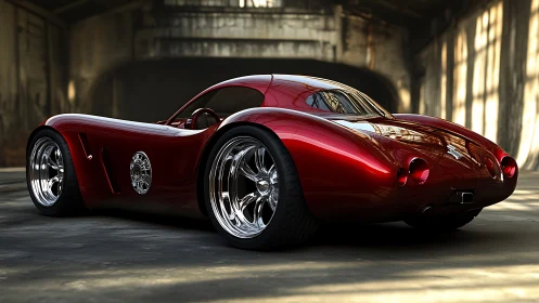 Crimson retro-future roadster resting in quiet warehouse light.