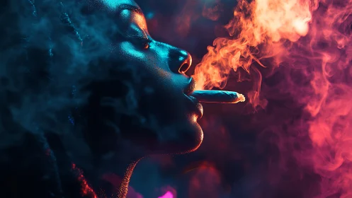 Neon smoke swirls around contemplative profile in darkness