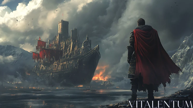 Armored figure observing fortified shipborne fortress at bay.