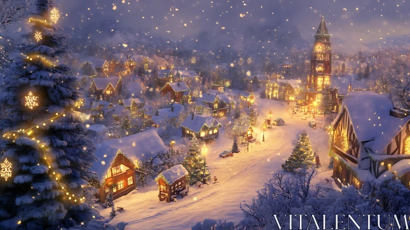 Digital painting of illuminated alpine Christmas village at dusk.