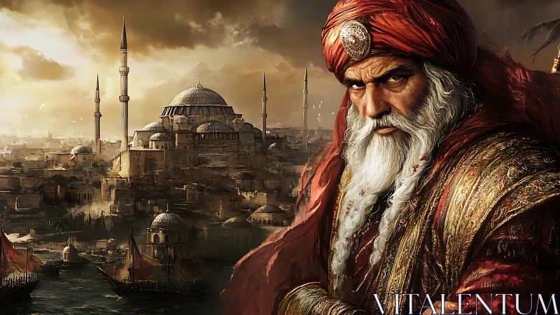 Imperial portrait against Byzantine-inspired harbor skyline.