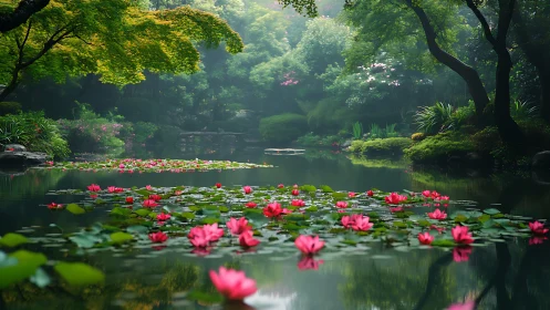 Serene garden pond with pink water lilies under lush trees.