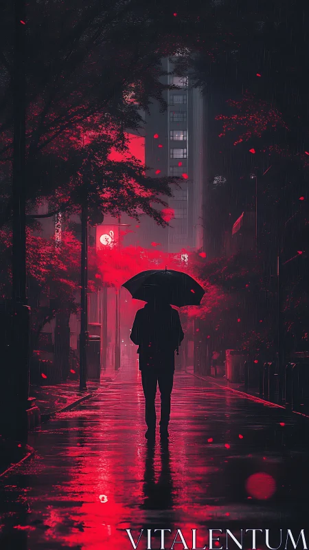 Solitary figure under umbrella crosses neon drenched city alley