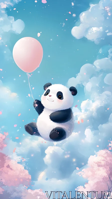 Panda drifting through cotton candy clouds with pink balloon.