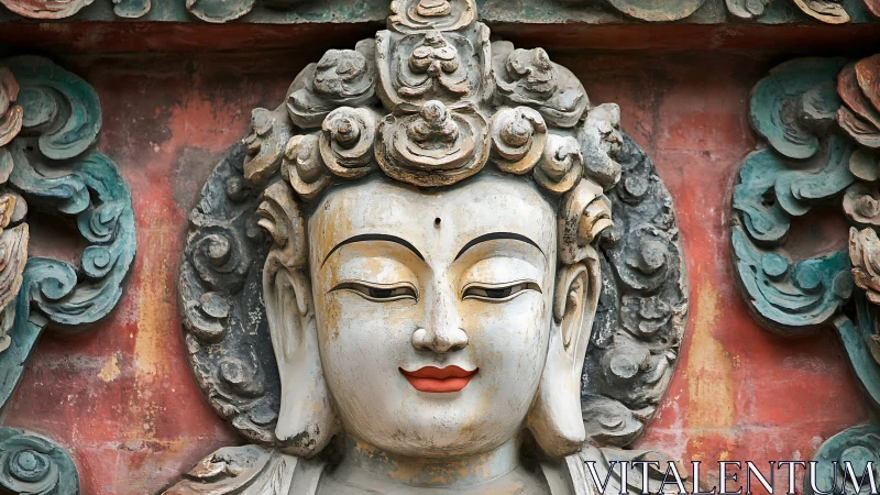 Weathered polychrome Buddha relief reveals serene classical symmetry