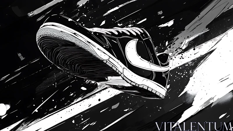Dynamic sneaker in bold monochrome street art motion.