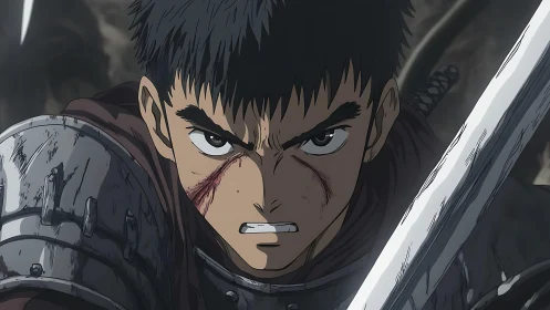 Armored swordsman charges forward with intense focused glare